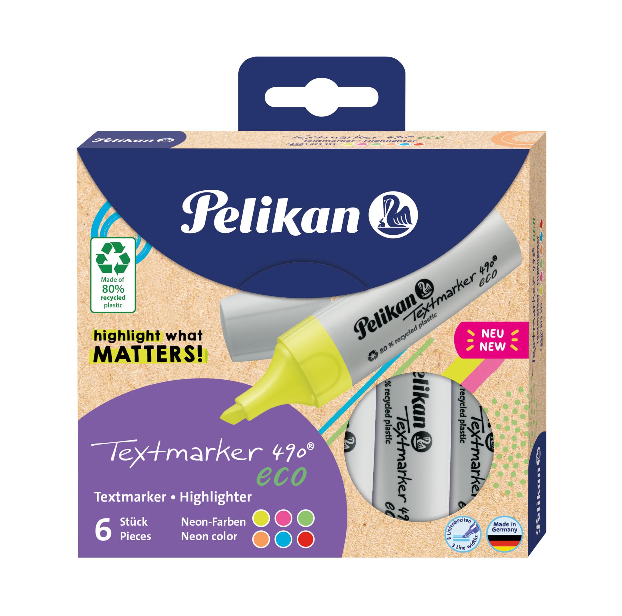 Pelikan Highlighter 490 Eco, Set of 6 Neon Colours in Case