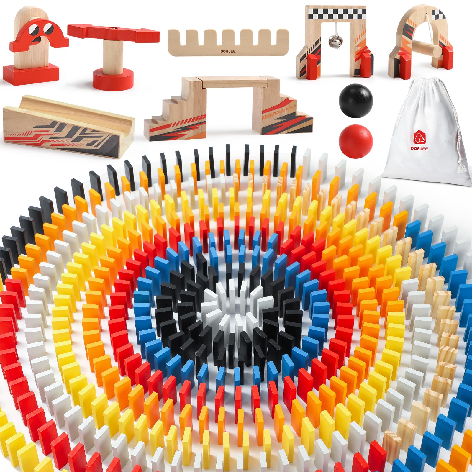 Photos - Other Toys Dorjee - D3.400 - Kleurrijk houten Domino race thema bevat 115 stuks - met katoenen tas - voor kinderen vanaf 4 jaar. ‎D3.40