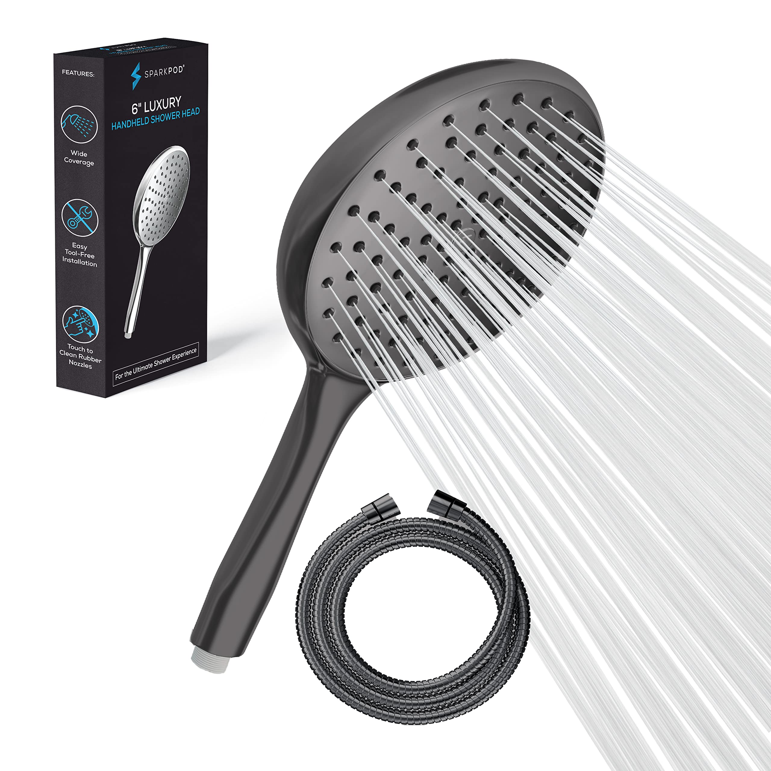 Ручная насадка для душа высокого давления SparkPod + 6 шлангов серого цвета, НОВАЯ