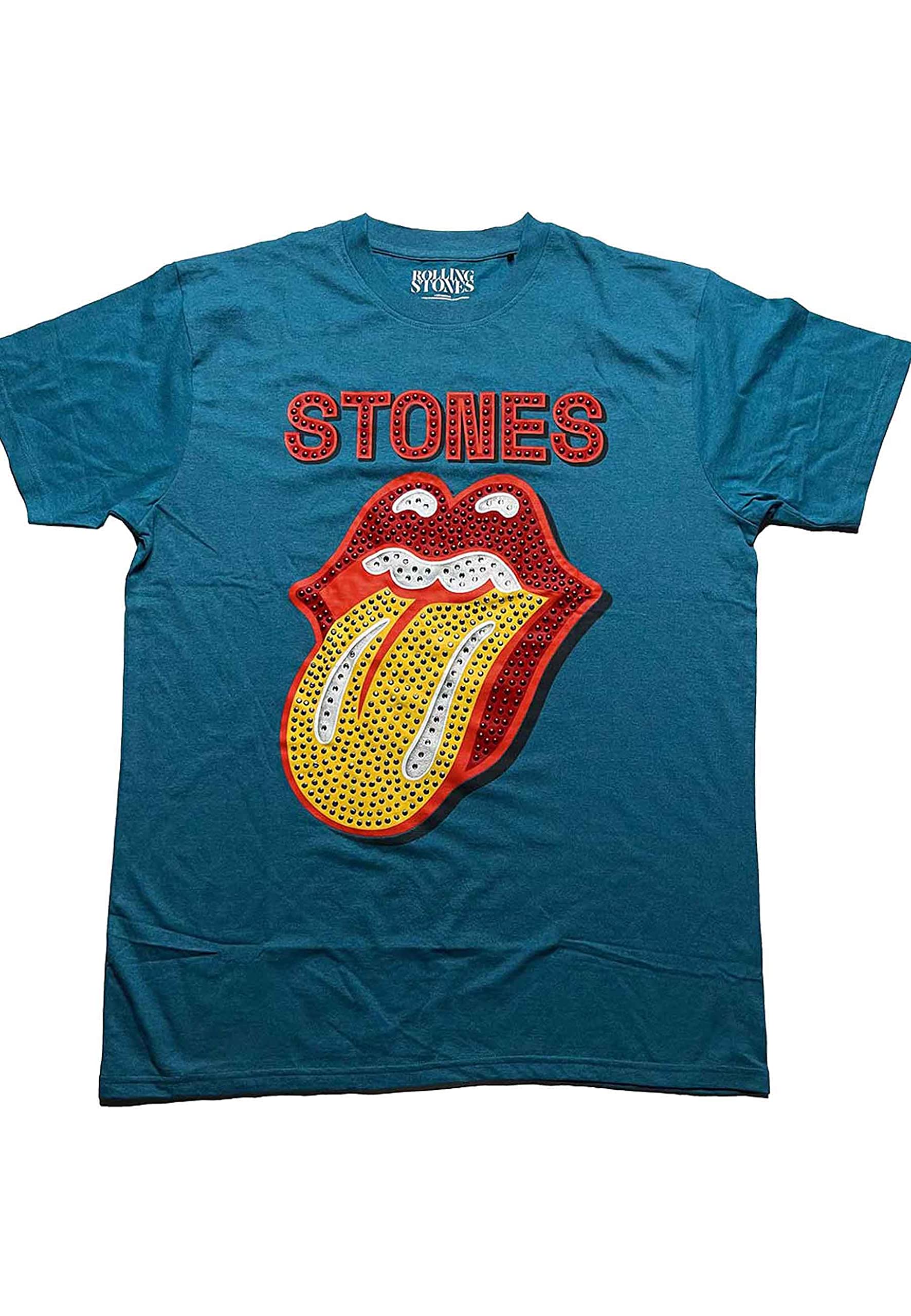 The Rolling Stones T Shirt Diamante Tongue Logo Official Unisex Teal Blue