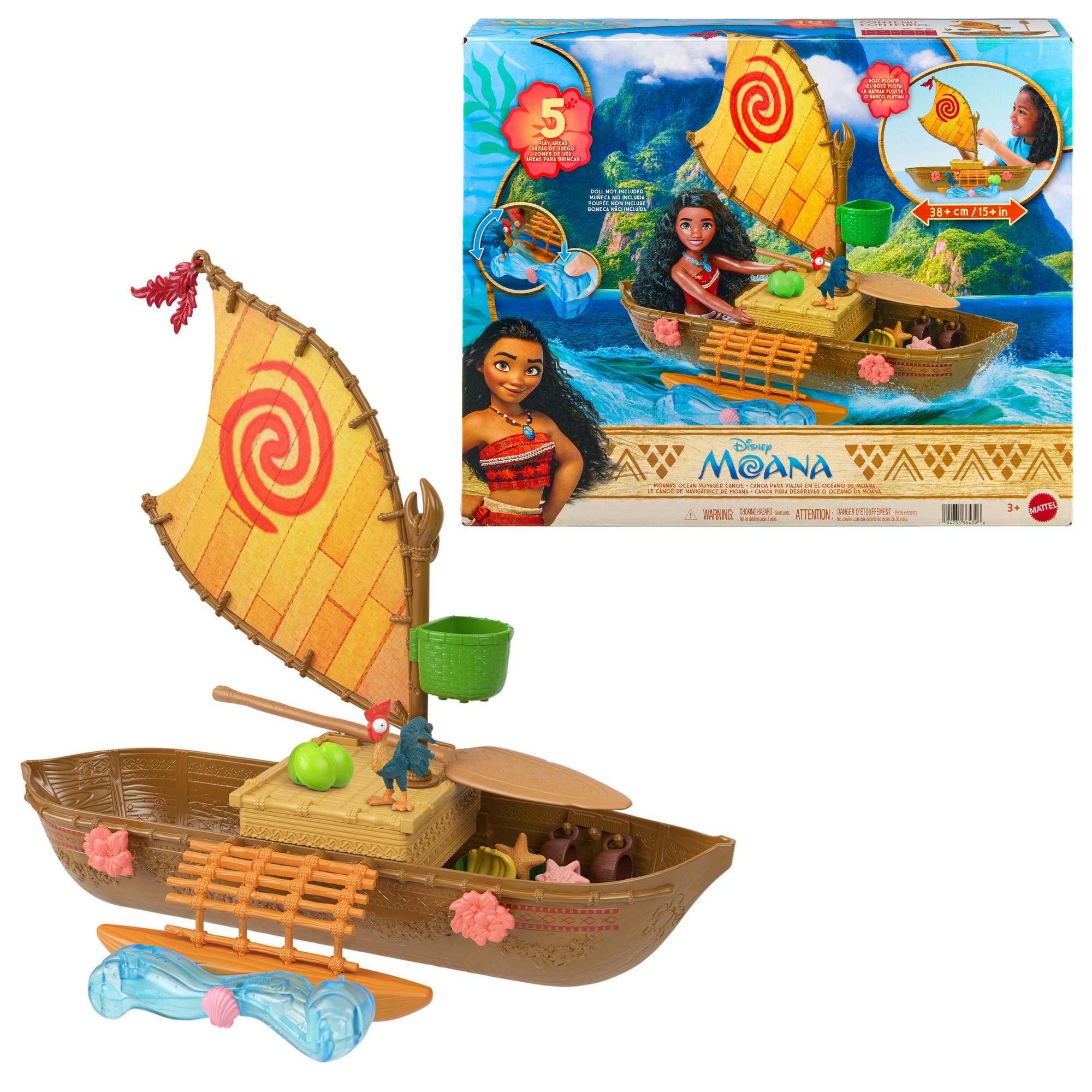 Photos - Other Toys Mattel Disney Toys Vaiana Floating Boat Playset w/ 5 Play Areas 9 Accessories Heihei Animal Figure & Seesaw Ocean Voyager Ca 