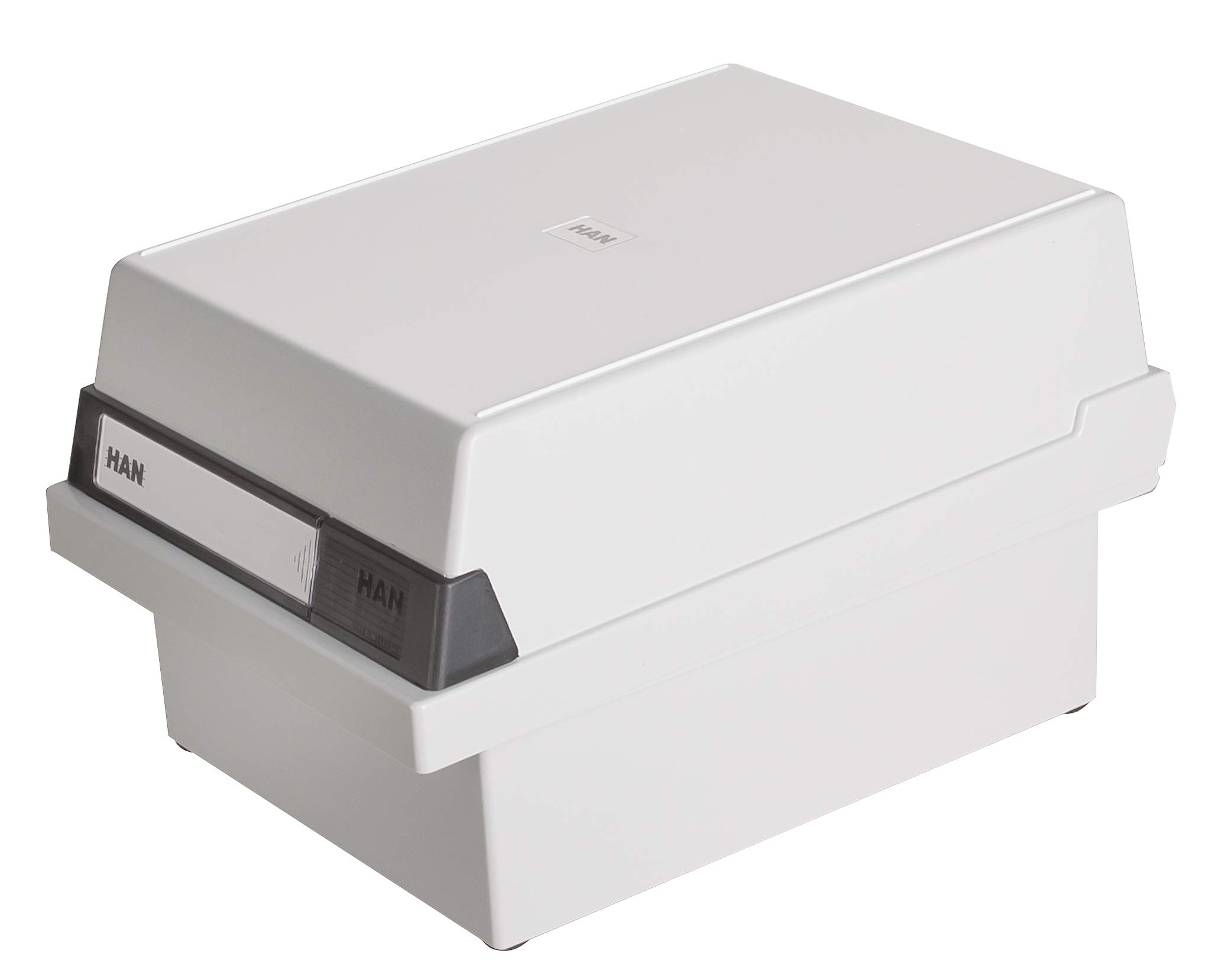 HAN 966-11 Card filing box A6 landscape. Innovative attractive design holds 800 cards readjustable lid supplied with large inscription label light